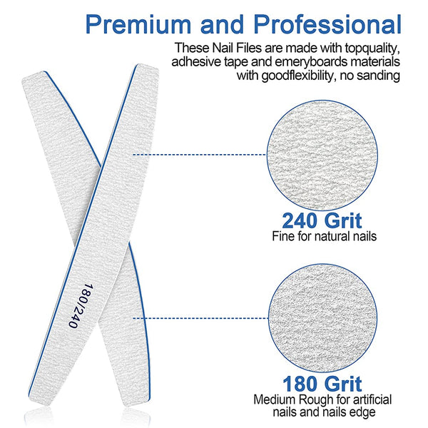 BLESWIN Professional Nail File Set, 12Pcs Double-Sided Nail Files, 180/240 Grit, Washable and Reusable, Natural Color, Eco-friendly Sponge + Plastic (PP) Material