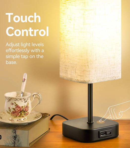 Table-Lamp-Bedside-Touch-Control-Dimmable-Charging-Rechargeable USB A+C Charger Ports 3-Way Dimmer Linen Fabric Shade Lamps LED Tables Lampe Reading Night Modern Lights Bedroom Living Bed Side Lounge