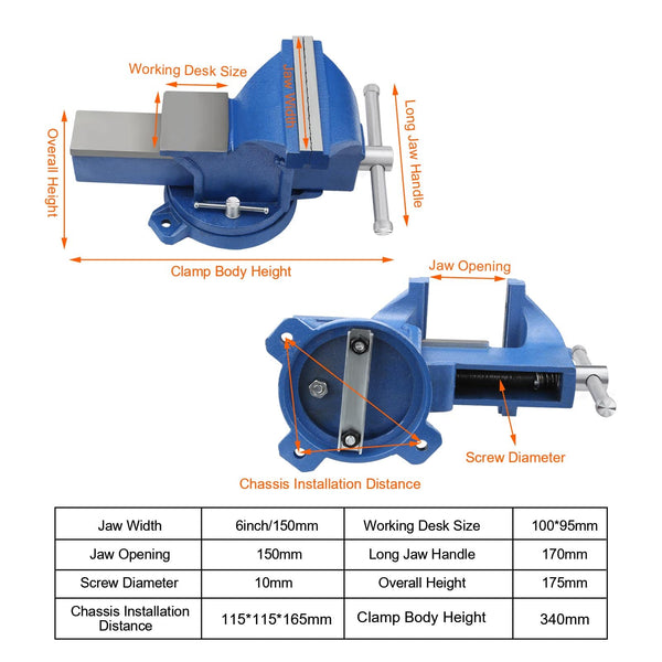 Holdfiturn 6 Inch Table Vice Heavy Duty Bench Vice with 360 Degrees Swiveling Base Cast Iron Workshop Vise for Workshop Factory, Blue