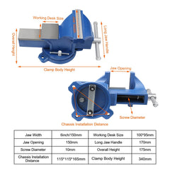 Holdfiturn 6 Inch Table Vice Heavy Duty Bench Vice with 360 Degrees Swiveling Base Cast Iron Workshop Vise for Workshop Factory, Blue