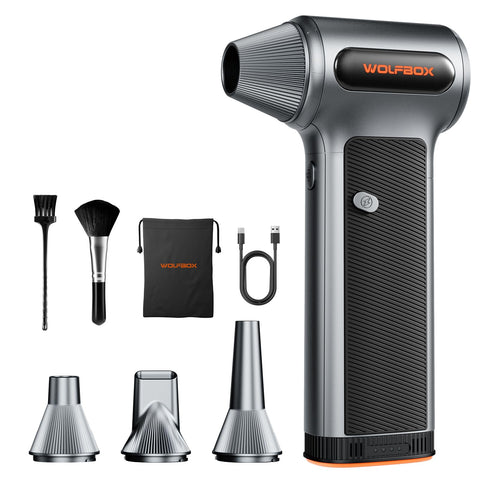 WOLFBOX MF200 Compressed Air Duster with Removable Battery, Super Power Cordless Blower - 3-Speed Adjustable, Long Life Mini Air Duster with 4 Nozzles for Computer Keyboard, Car Cleaning, Outdoor Use