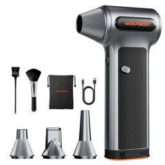 WOLFBOX MF200 Compressed Air Duster with Removable Battery, Super Power Cordless Blower - 3-Speed Adjustable, Long Life Mini Air Duster with 4 Nozzles for Computer Keyboard, Car Cleaning, Outdoor Use