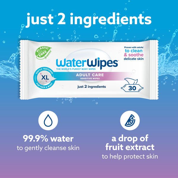 WaterWipes Adult Care Sensitive Wipes, 90 Wipes (3 Packs), Extra Large, Water-Based Wet Wipe, Designed for All Over Cleansing