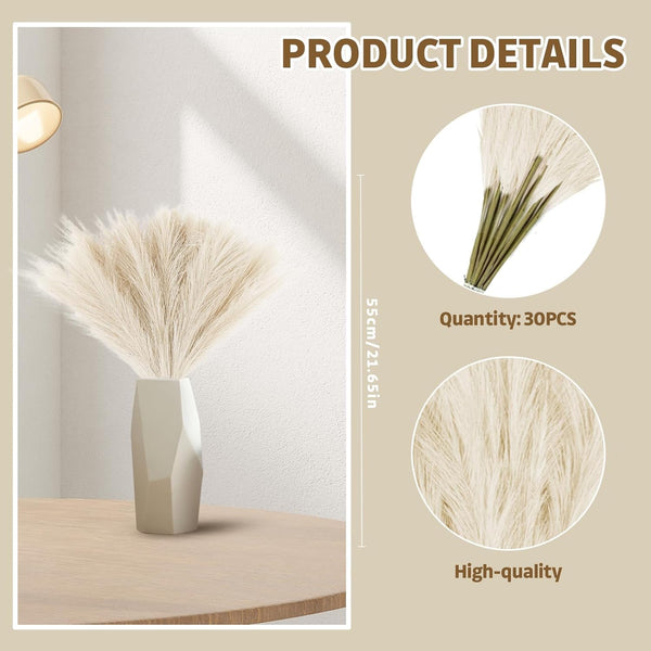 ChAusa Pampas Grass Fluffy 30 Pcs Artificial Pampas Grass 21.65''/55CM Faux Pampas Grass Decor Boho Home Decor for Wedding, Living Room, Bedroom, Office, Floor Vase(Light Yellow)