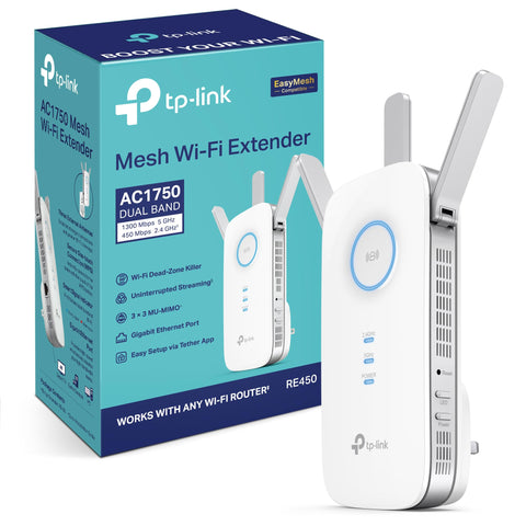 TP-Link RE450 AC1750Mbps Dual-Band WiFi Extender Booster, Simultaneous 450Mbps on 2.4GHz + 1300Mbps on 5GHz, Range Extender Hotspot with 1 Gigabit Port and 3 External Antennas, Access Point Mode