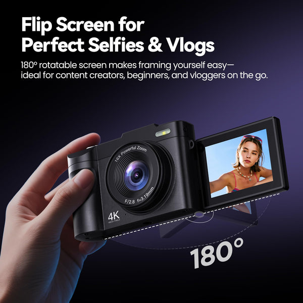 Digital Camera 4K for Photography Vlogging: 48MP Cameras for Video - 16X Zoom Photo Camera Gifts for Teens Ages 8-16 - 180°Flip Screen Compact Cámara - Point and Shoot Digital Cameras for YouTube