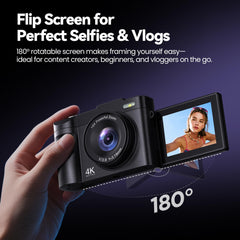 Digital Camera 4K for Photography Vlogging: 48MP Cameras for Video - 16X Zoom Photo Camera Gifts for Teens Ages 8-16 - 180°Flip Screen Compact Cámara - Point and Shoot Digital Cameras for YouTube
