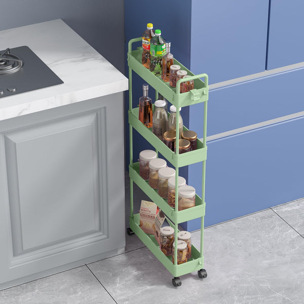 SOLEJAZZ 4-Tier Storage Trolley Cart Slide-out Slim Rolling Utility Cart Mobile Storage Shelving Organizer for Kitchen, Bathroom, Laundry Room, Bedroom, Narrow Places, Plastic, Green