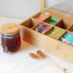 Navaris Bamboo Tea Box - Chest Organiser with 10 Compartments for Tea Bags - Wooden Case Container with Transparent Lid for Individual Tea Bag Storage
