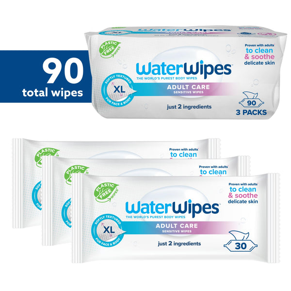 WaterWipes Adult Care Sensitive Wipes, 90 Wipes (3 Packs), Extra Large, Water-Based Wet Wipe, Designed for All Over Cleansing