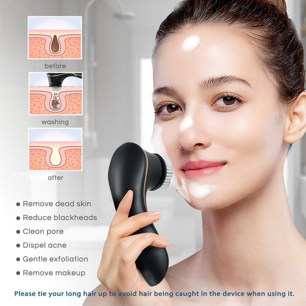Facial Cleansing Brush, Rechargeable IPX-7 Waterproof Exfoliator for Women & Men with 4 Brush Heads
