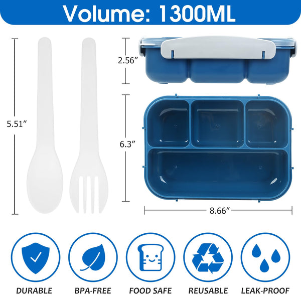 Wotplay 1300ml Bento Box, Lunch Box with 5 Compartments with Lunchbox Bag, Spoon and Fork, Leak-Proof Bento Lunch Box for Kids, Adults, School, Picnic, Travel, Microwave Safe (Blue)