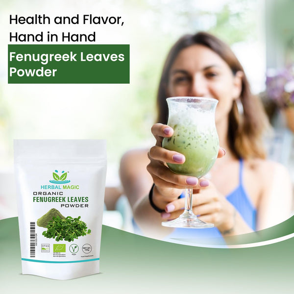 Herbal Magic's Organic Fenugreek leaf Powder (Methi) - Rich Flavoured Smoothies, Shakes, Juices, baking, Soups - Whole Leaf Used -Free from Fillers & Preservatives -100g