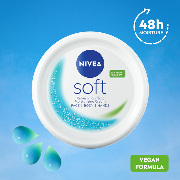 NIVEA Soft Moisturising Cream (200ml), 48H Face Moisturiser, Body and Hands with Vitamin E and Jojoba Oil, Hand Moisturiser, Vegan Formula Day Cream