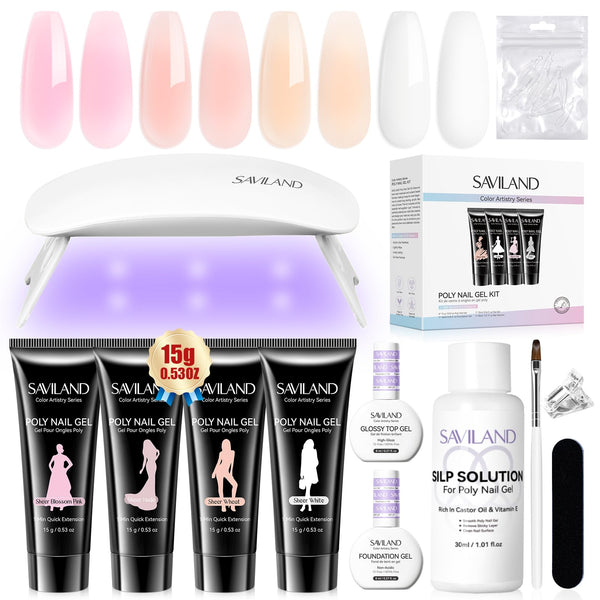 SAVILAND Poly Nail Gel Kit: All-in-1 Polygel Nail Kit with U V Lamp Light Quick Dry Slip Solution 4 Colors Sheer Nude Pink White Long-Wear Jelly Nails Extensions for Beginner Starter DIY Nail Art