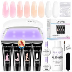 SAVILAND Poly Nail Gel Kit: All-in-1 Polygel Nail Kit with U V Lamp Light Quick Dry Slip Solution 4 Colors Sheer Nude Pink White Long-Wear Jelly Nails Extensions for Beginner Starter DIY Nail Art