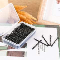 Aucuu 300 Pcs Bobby Pins Kit, Hair Pins for Women, Hair Grips, 100 Black Waved Hair Pins (50pcs L+50pcs S), 100 Black U Shaped H-air P-ins, 100 White Elastic Bands, with Storage Box