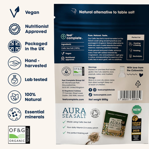 Feel Complete | 800g Fine & Dry Celtic Sea Salt | No Need To Grind | Organic Approved | Essential Minerals & Electrolytes | Natural Alternative To Table Salt | Lab Tested