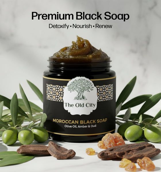 Moroccan Black Beldi Soap – Olive Oil, Oud & Amber – Traditional Hammam Cleanser – Detoxifying & Moisturising – Vegan, Natural, Whole Body Use (250 ml, Oud & Amber)