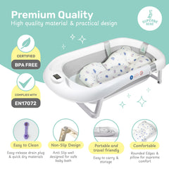 Foldable Baby Bath with Non-Slip Bath Cushion/Bath with Thermometer for Water Temperature Control/from Birth to 3 Years / 5 Plastic Balls (Grey 2)