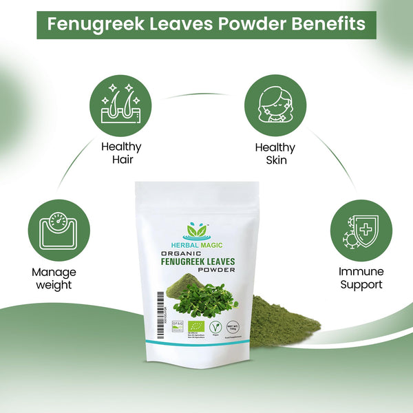 Herbal Magic's Organic Fenugreek leaf Powder (Methi) - Rich Flavoured Smoothies, Shakes, Juices, baking, Soups - Whole Leaf Used -Free from Fillers & Preservatives -100g
