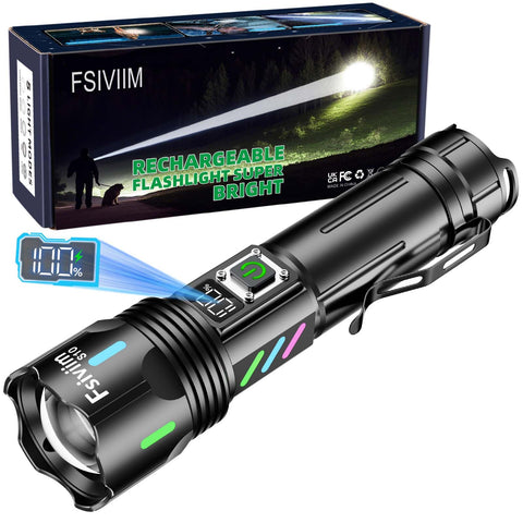 Fsiviim 500000 lumens Led Torch Rechargeable, Torches Led Super Bright, Powerful Flashlight Torch, High Power Torches for Camping, 5 Modes，Adjustable Zoomable