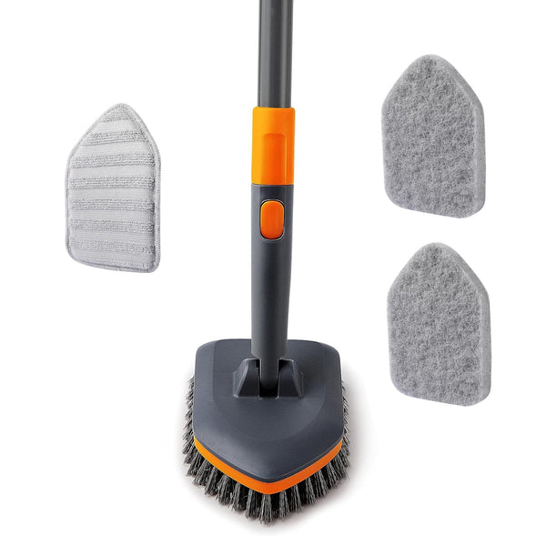 CLEANHOME Shower Scrubber,4-in-1 Scrubbing Brush with Long Handle(132 cm), 3 Different Fibre Cleaning Pad,Suitable for cleaning bathtubs, floor tile gaps, and glass mirrors.