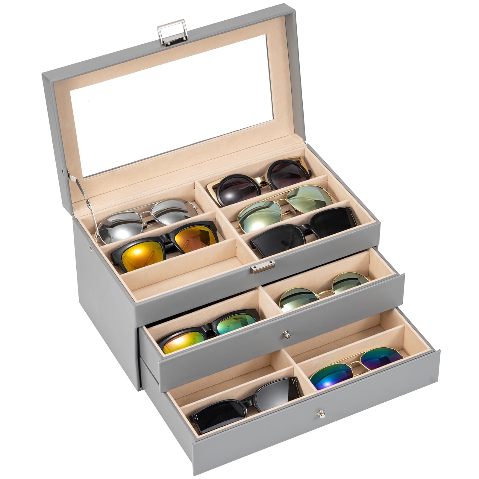 ProCase 3-layer Sunglasses Storage Organizer, 18 Slots Leather Sunglass Box Multiple Pairs Eyeglass Cases Eye Glass Eyewear Display Holder for Men Women -Grey