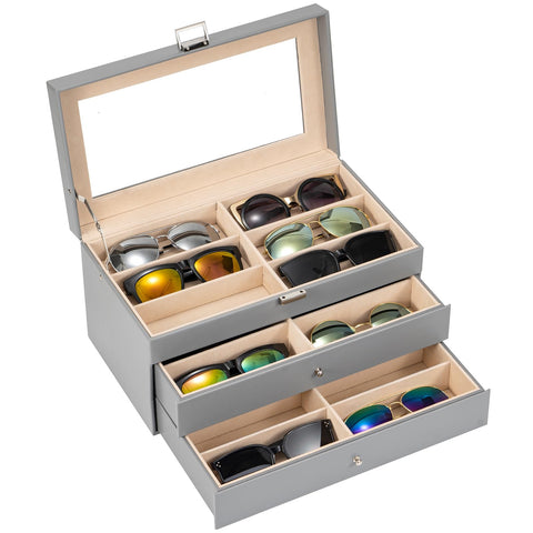 ProCase 3-layer Sunglasses Storage Organizer, 18 Slots Leather Sunglass Box Multiple Pairs Eyeglass Cases Eye Glass Eyewear Display Holder for Men Women -Grey