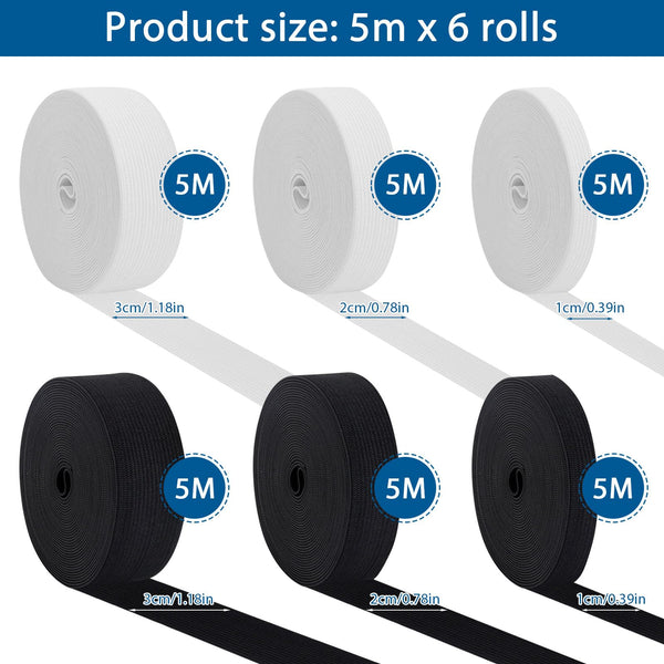 TOTSUN 6 Rolls of Black and White Stretch Elastic, Flat Elastic Bands Mixed Size Elastic Knit Spandex Spool for Sewing DIY Crafts Clothing (5m*1cm、2cm、3cm)