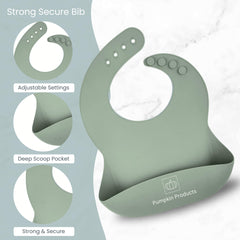 Pumpkin Products® Silicone Baby Weaning Set. Baby & Toddler. Four Suction-Cup Plate, Suction Bowl, Adjustable Bib, Weaning + Stainless Spoon & Fork Sets, Sippy Cup, Collapsible Snack Cup (Sage Green)