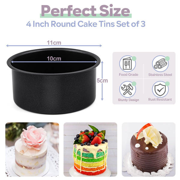 Homikit 4 Inch Cake Tin Set of 3, Stainless Steel Round Cake Mould for Small Cakes Breads, Wedding Birthday Christmas Baking, Healthy & Non-Stick, Easy Clean