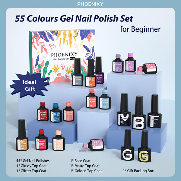 Phoenixy Gel Nail Polish - 60pcs 7ml Gel Nail Polish Set UV Soak-off Nail Polish with Base Coat and Glossy Matte Glitter Top Coat Nail Varnish Sets Manicure Kit for Women