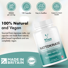 Vinco Nattokinase 200mg 4000FU – 120 Capsules – High Strength Japanese Natto Enzyme – Supports Heart Health, Blood Flow, Circulation and Blood Pressure – Non-GMO, Gluten Free – Made in UK