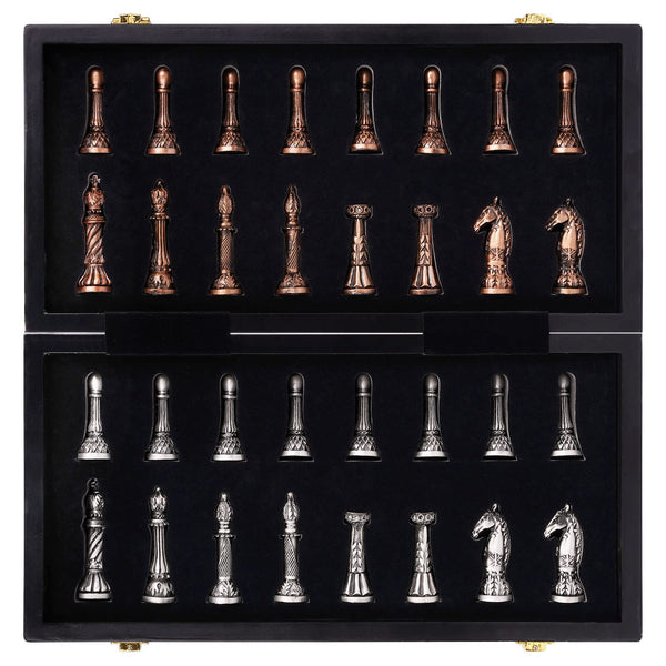Retro Metal Chess Set for Adults – 15 Inch Marbling Chess Board with Chess Pieces – Travel Chess Set with Metal Pieces – Folding Chessboard – Ideal for Beginners and Professional Players