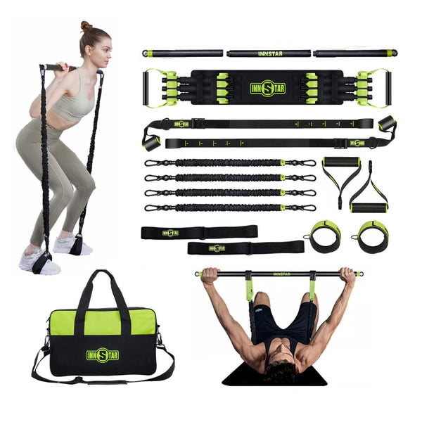 INNSTAR Upgraded Portable Home Gym 5.0, Adjustable Bench Press Resistance Bands,Full Body Workout Strength Training Equipment with Detachable Fitness Bar, Handles,for Home,Travel,Gym-Green