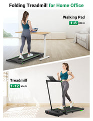 THERUN Folding Treadmill for Home, 2.5HP Under Desk Treadmill w/Remote and LED Display, Foldable Walking Treadmill w/ 3 Countdown Modes & 12 Programs, Shock Absorption, 1-12KM/H, No assembly, Green