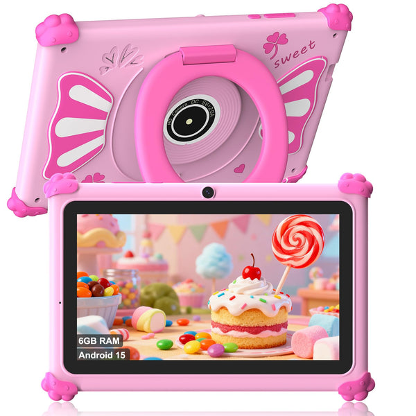 ascrecem Kids Tablets 7 Inch Android 15 Toddler Tablet for Kids with 2.4G+5G WiFi6 Penta Core 6GB RAM 32GB ROM Baby Tablet Dual Camera 128GB Expandable Parental Control Educational Games (Pink)