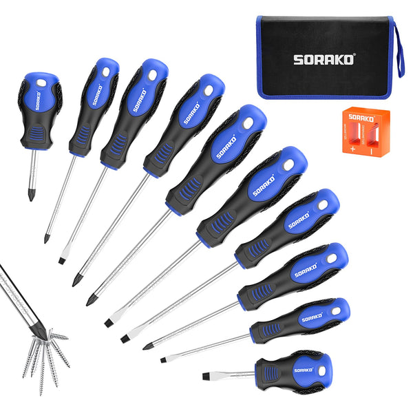 SORAKO 11PCS Screwdriver Set, with 2-in-1 Magnetizer, High-Density Nylon Store Bag, Magnetic Tip, Professional Non-Slip Handle, with 5 Phillips Screwdrivers, 5 Slotted Screwdriver