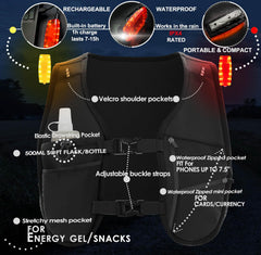 EGOO - LED Running Vest with Multi-Pockets for Men and Women, Lightweight Hydration Vest for Running & Outdoor Activities, Rechargeable LED Safety Light x2 + 500ml Soft Flask x1