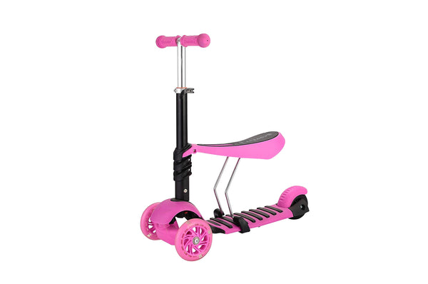 ASC 2in1 Scooter/Push Along with Seat - PINK - Sprung Tilt Steering - Height Adjustable Seat - Rear Foot Brake - And Ladybird basket - Age 3+