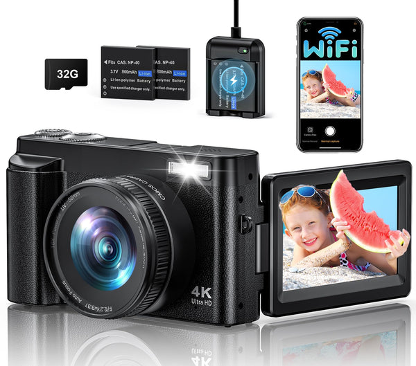 CAMKORY Digital Camera 4K 64MP Newly Upgraded Vlogging Camera with WiFi Function for Youtube with 180° Flip Screen, 16X Digital Zoom Compact Digital Camera with 32GB Card, 2 Batteries for Beginners
