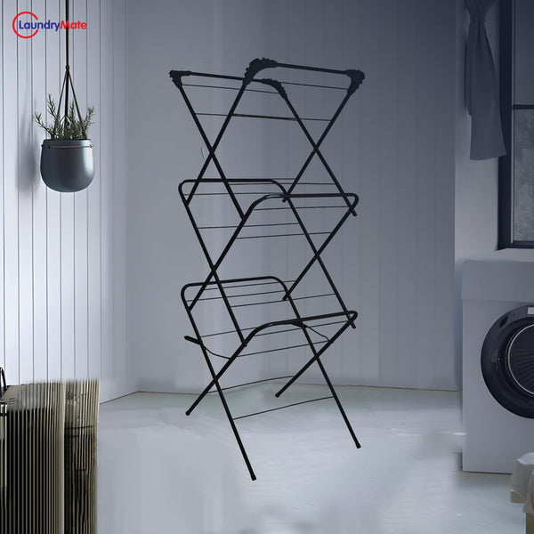 Laundry Mate 3-Tier Clothes Airer with 20 Pegs – Foldable Laundry Drying Rack with Non-Slip Feet - Durable Steel Frame, Extra Large Drying Space - Ideal For Indoor & Outdoor (Black)