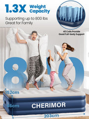 CHERIMOR Queen Air Bed, Anti-Leak Inflatable Mattress with Built-in Pump, 3 Mins Self-Inflation, 800 lbs Capacity Blow Up Camping Bed, Flocked Surface Inflatable Bed for Guests & Home, 203x152x46cm