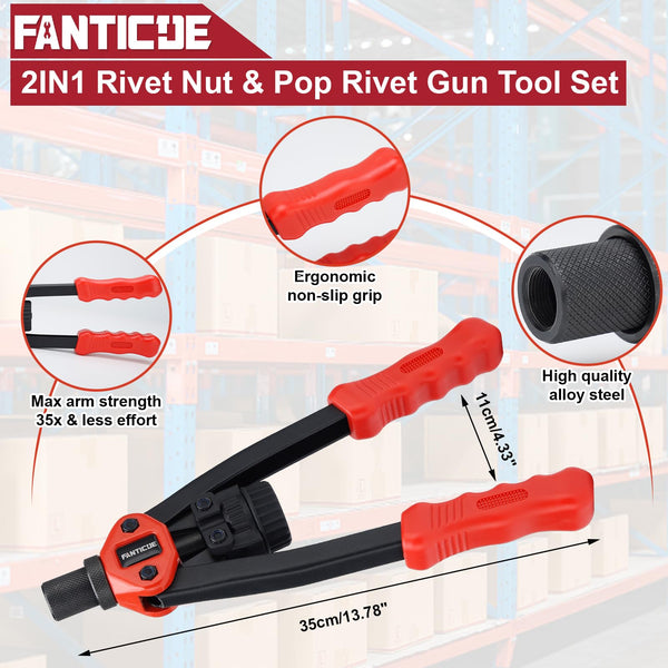 FANTICDE Rivet Gun Set 2in1, Rivnut Tool Kit, Heavy Duty Hand Riveter with M3-M12 7PCS Metric Mandrels, 160Pcs Nuts and Rivets, Pop Rivet Gun Set with 5 Tool Interchangeable Heads, Storage Case