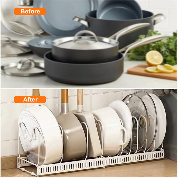 MENGCOOL Expandable Pans Organiser Rack, Pan Lid Storage with 10 Adjustable Dividers, Pot Lid Holder, Kitchen Cupboard Organiser (White)