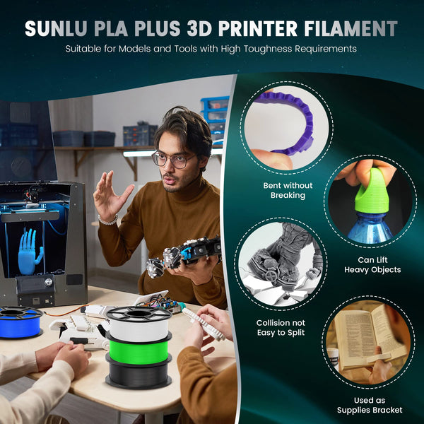 SUNLU 5KG PLA+ Filament Bundle, Enhanced Durability and High Strength, PLA Plus 3D Printer Filament for 3D FDM Printers, 1KG per Spool, 5 Rolls, Klein Blue+Red+Green+Vivid Yellow+Sunny Orange