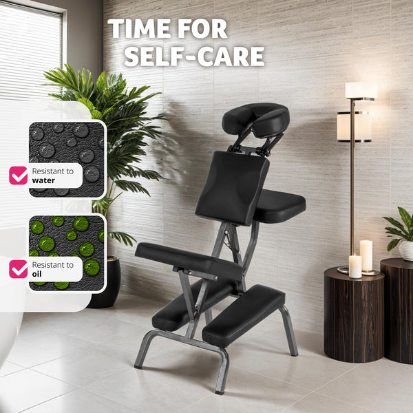 TecTake® Adjustable Massage Chair with Extra-Thick Padding, Robust Steel Frame, Artificial Leather, Removable Headrest & 200kg Load Capacity, Foldable Ergonomic Chair, Incl. Carrying Bag - Black