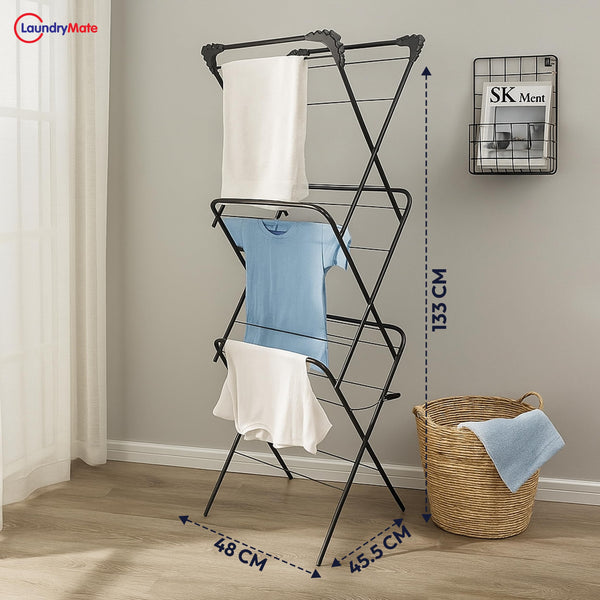 Laundry Mate 3-Tier Clothes Airer with 20 Pegs – Foldable Laundry Drying Rack with Non-Slip Feet - Durable Steel Frame, Extra Large Drying Space - Ideal For Indoor & Outdoor (Black)