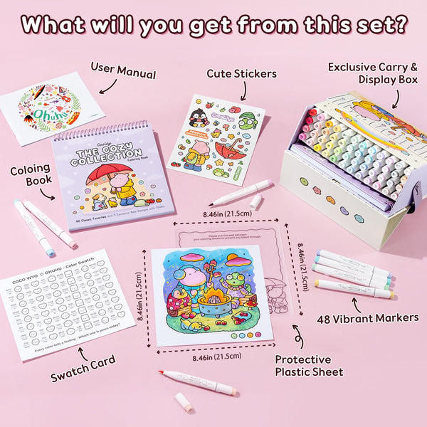 Ohuhu × Coco Wyo Coloring Set 48 Alcohol Markers& Coloring Book Brush& Fine